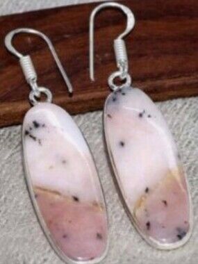 Peruvian Pink Opal Gemstone Jewelry 925 Sterling Silver Handmade Dangle Earrings
